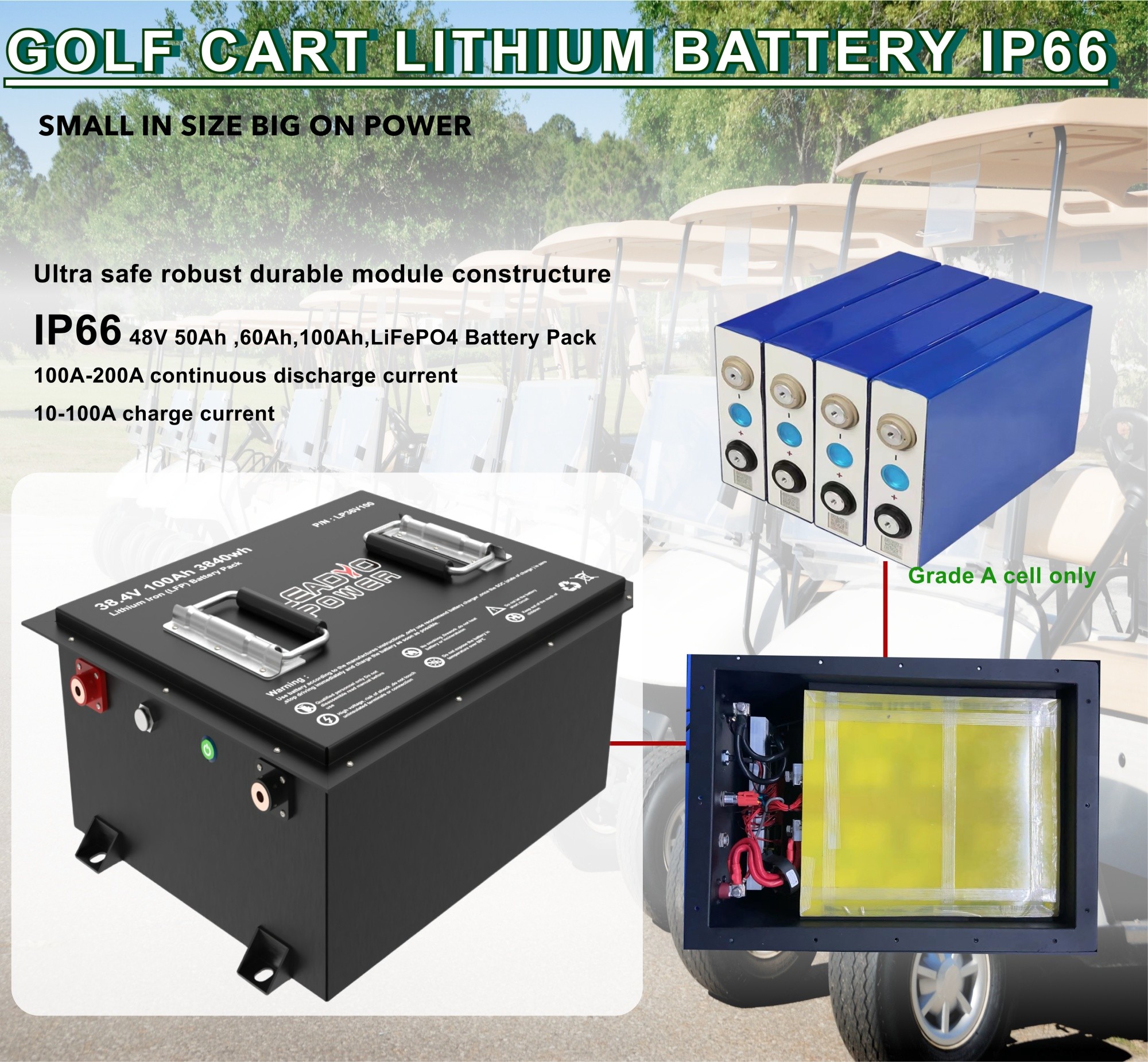 Lithium Golf Cart 36V 38.4V 80Ah LiFePO4 LFP Battery Pack With LCD LED Display / Charger