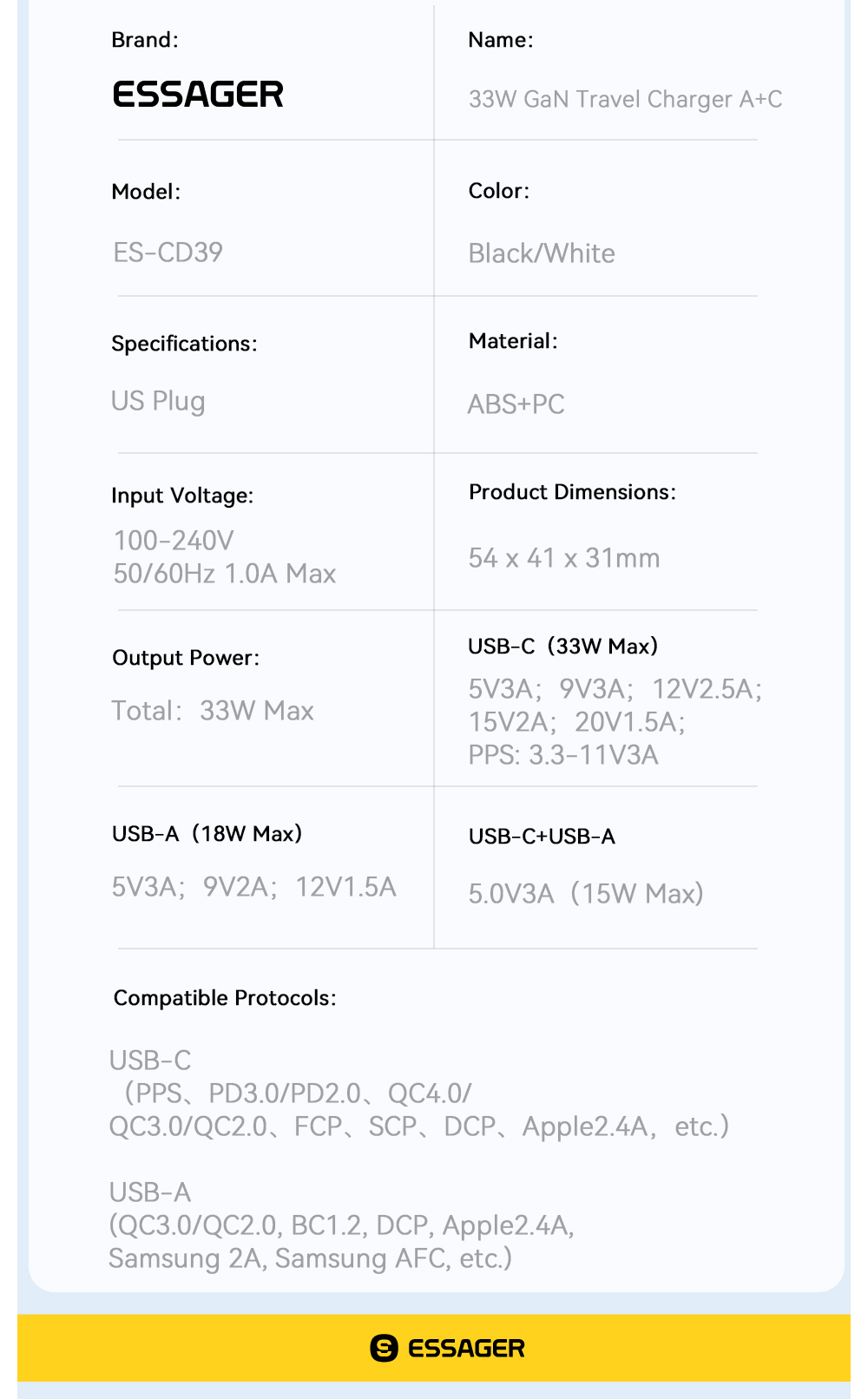 ESSAGER ES-CD39 Series Max 33W 2 Ports PD Charger 30W USB C Power Adapter