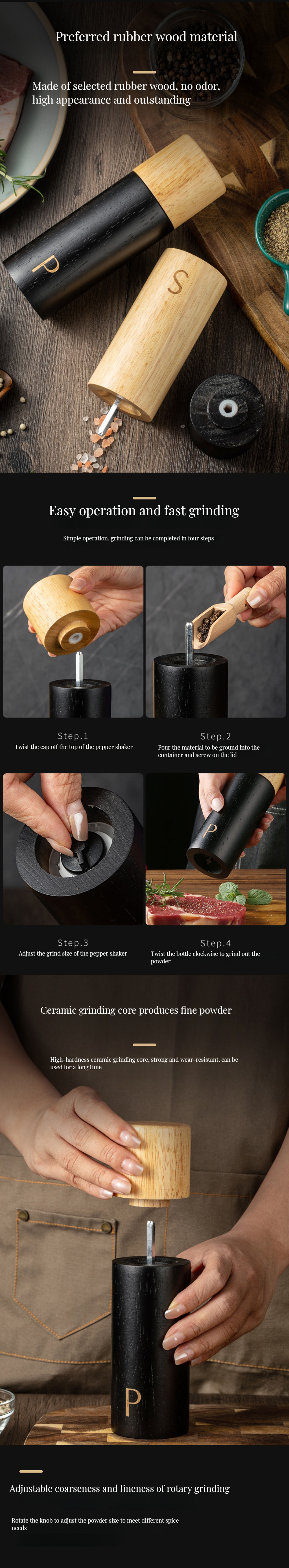 Holiday Christmas Wood Salt and Pepper Mill Set with Adjustable Ceramic Core 7 Inches