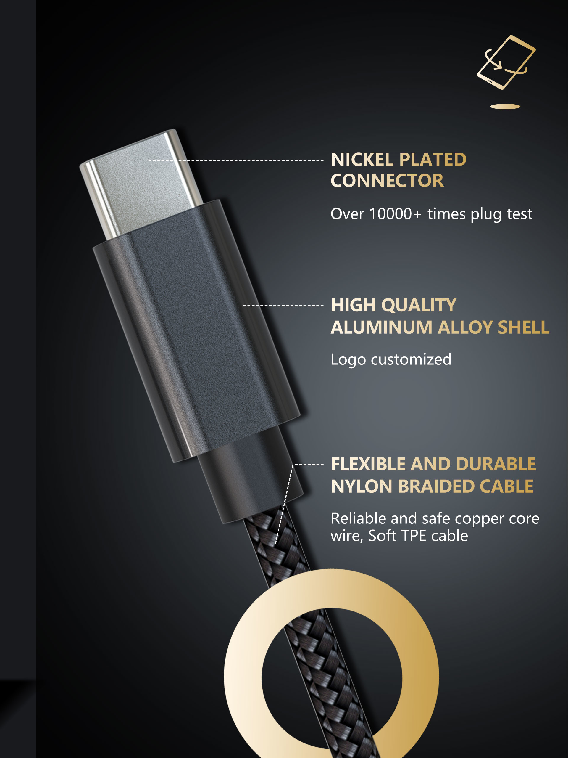 Black Kevlar Charging Cord , 5G 3Feet Usb 3.0 Fast Charging Cable