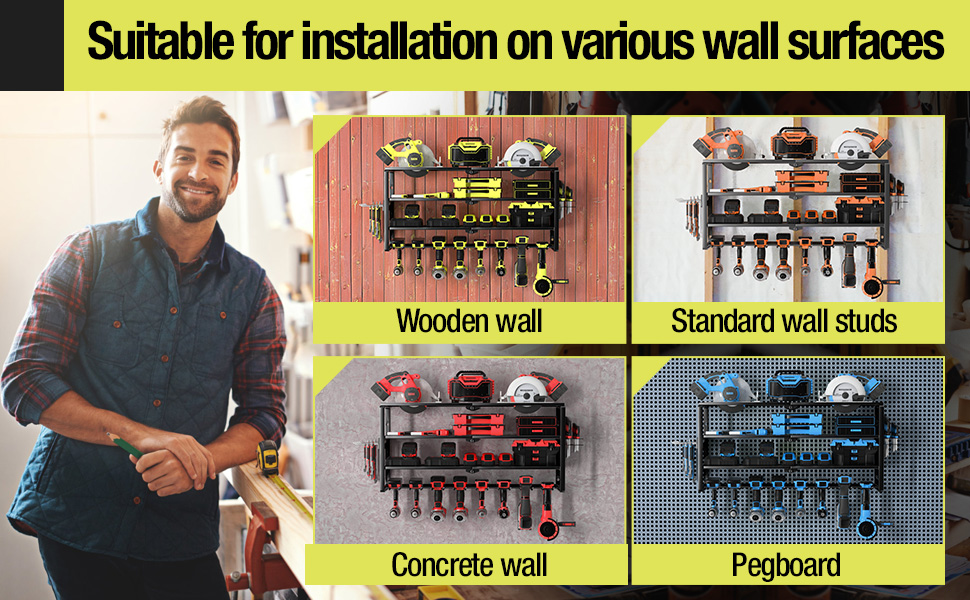 Adjustable Wall Track 4 Layer 8 Drill Holder Power Tool Organizer for Garage Workshop