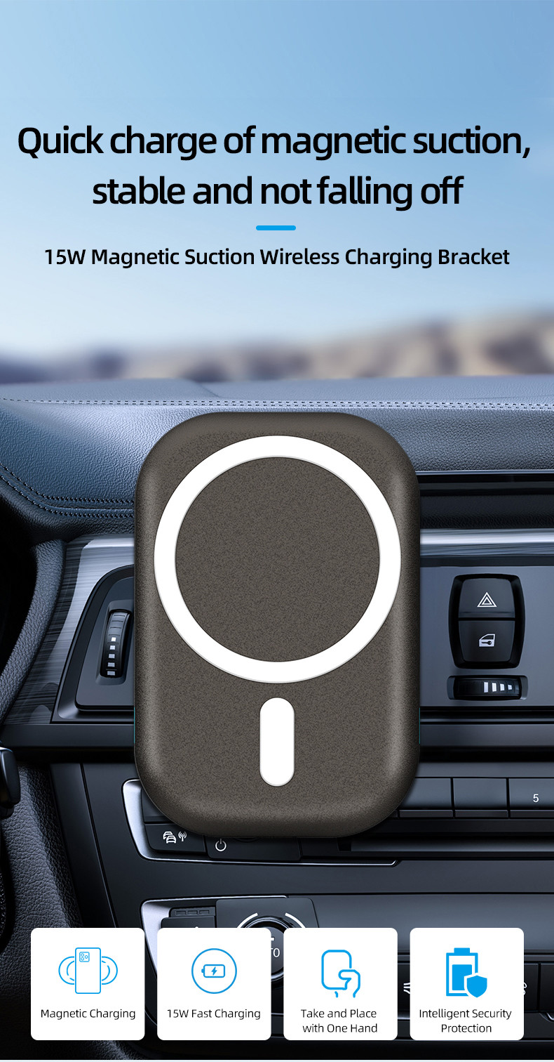 15W Magnetic Wireless Car Charger Air Vent Mounting with ABS Silicone Gel Material