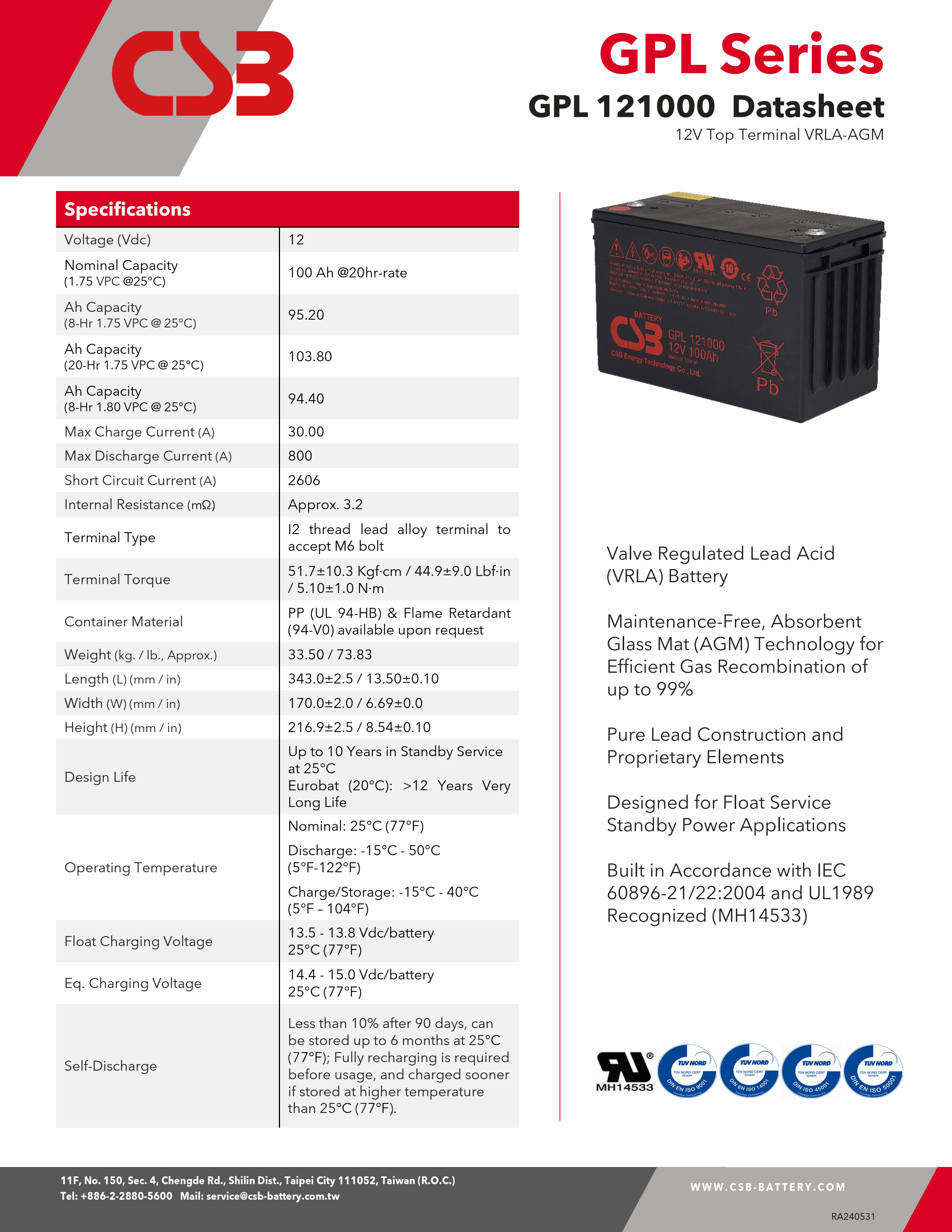 12V 100Ah CSB GPL121000 Maintenance-Free Sealed Lead-Acid Battery for Long-lasting