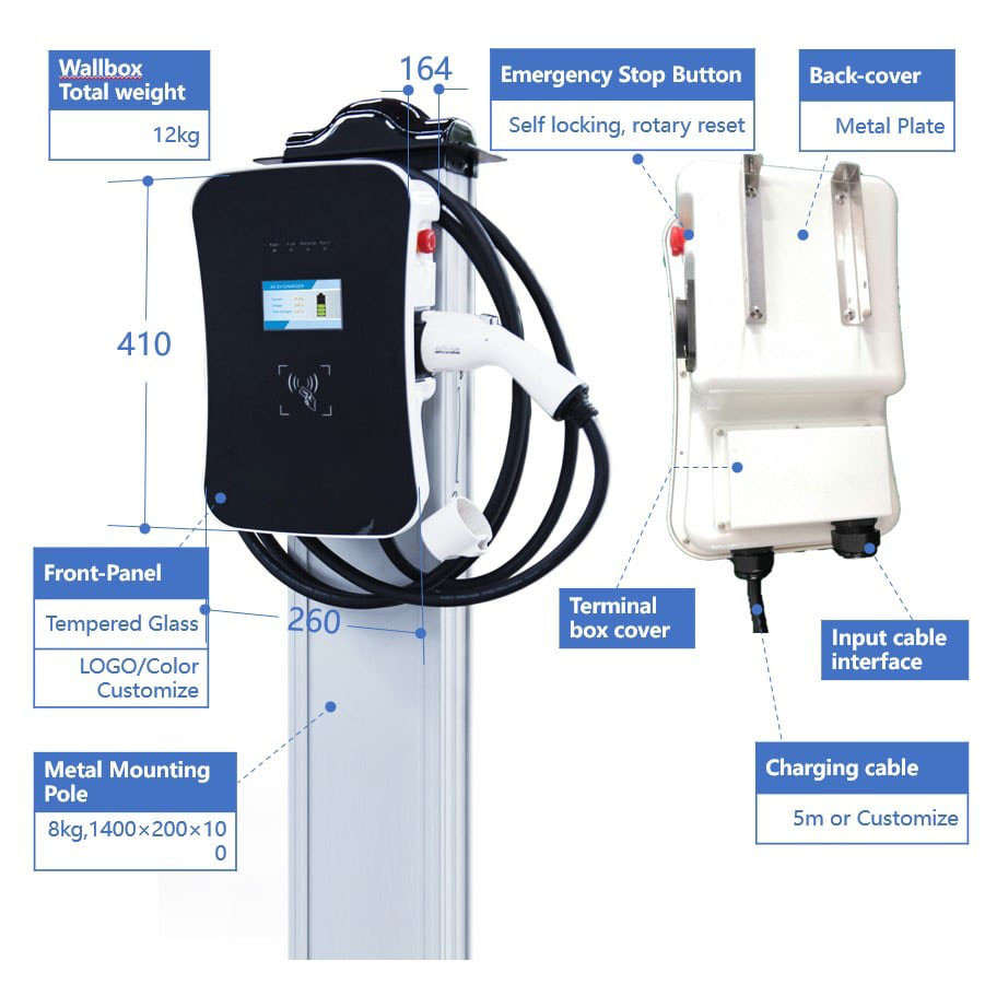 Self Adjustable Wall Box Electric Car Charger 22 Kw 32A Ev 3 Phase Charger