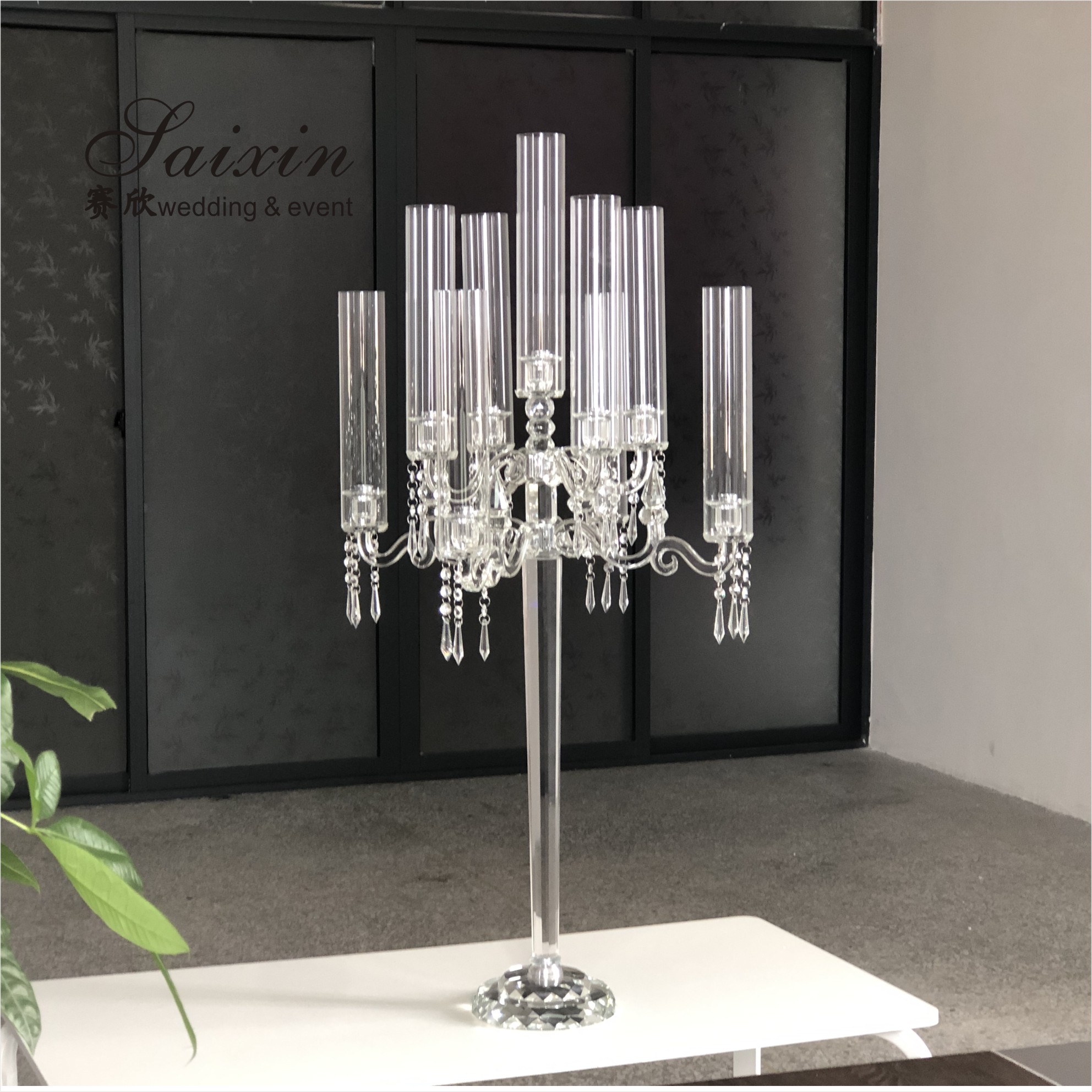 Hot custom wedding decoration centerpieces long stem 7 arms crystal candle holder