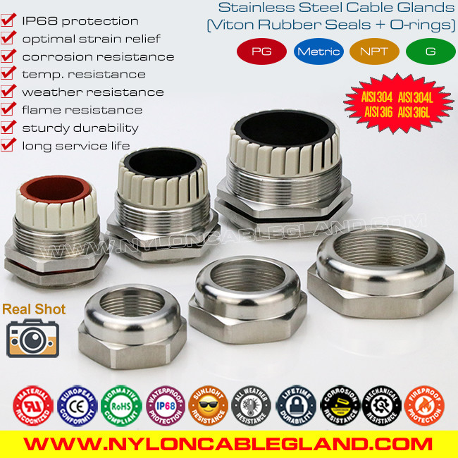 Anti-Corrosion IP68 Metric Cable Glands Stainless Steel 304, 316, 316L SCG Series with Silicone Seal & O-ring