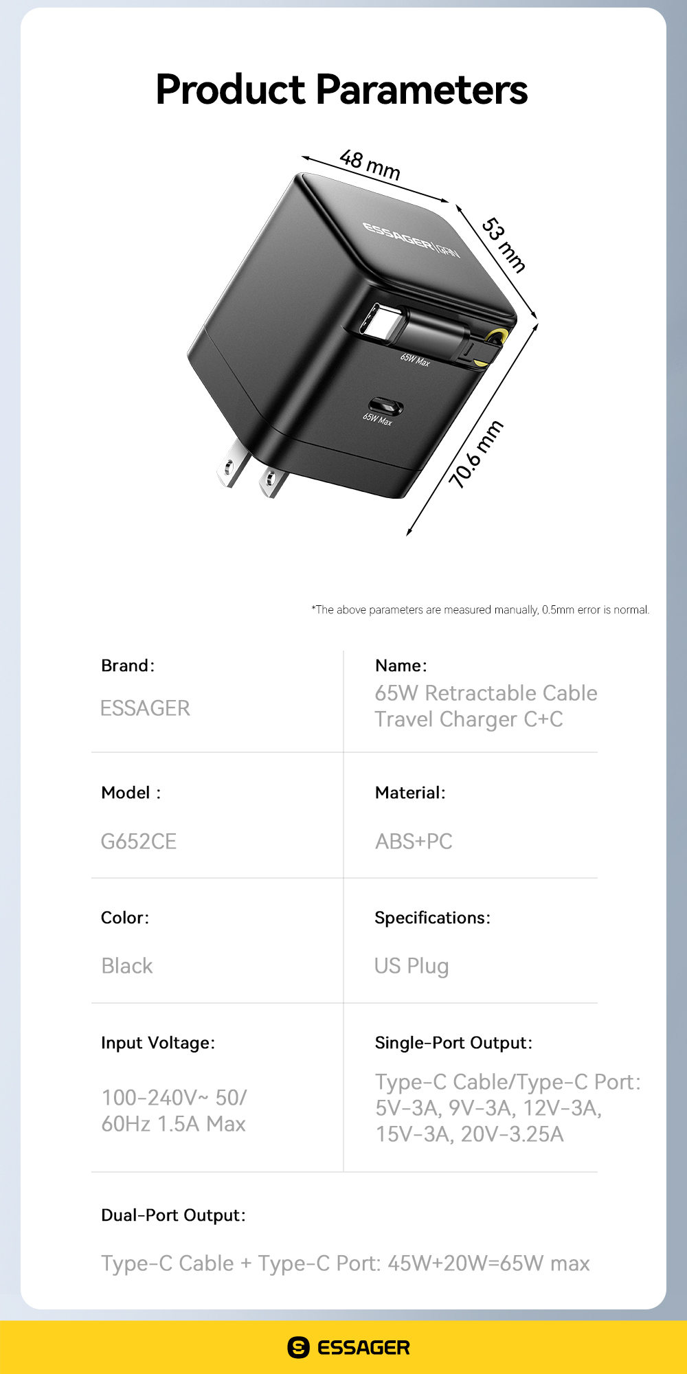 ESSAGER G652CU Series 65W Built-In USB-C Cable GaN USB-C Charger