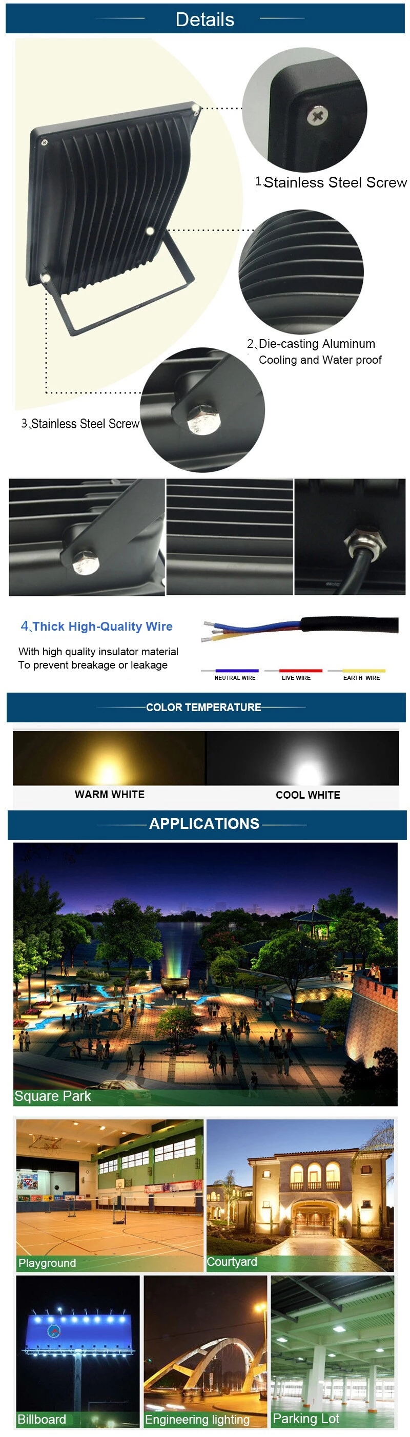 10w To 100w Outdoor LED Spotlights -20 - 60 ℃ Working Temperature Water Resistant