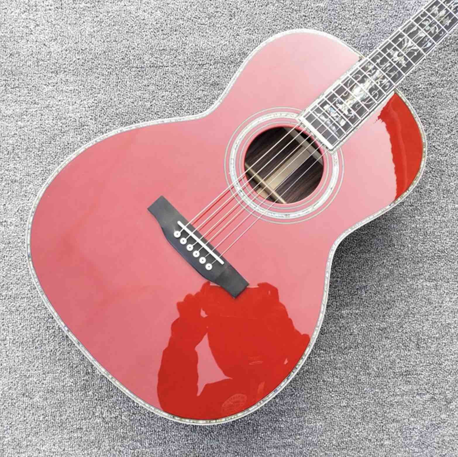 100% All Real Abalone Ebony Fingerboard OOO45s Acoustic Electric Guitar in Wine Red