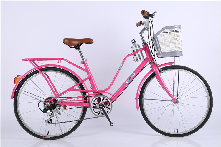 Made in China steel colorful 26 OL city bicicle for lady with Shimano thumb shifter 7 speed with pvc basket