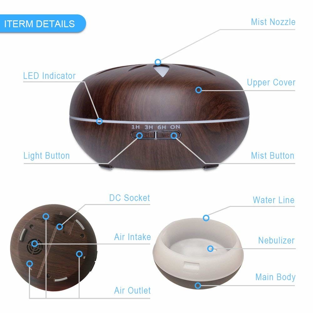 500ml Ultrasonic Cool Mist Wood Grain Aromatherapy Cool Mist Diffuse with Color LED Lights
