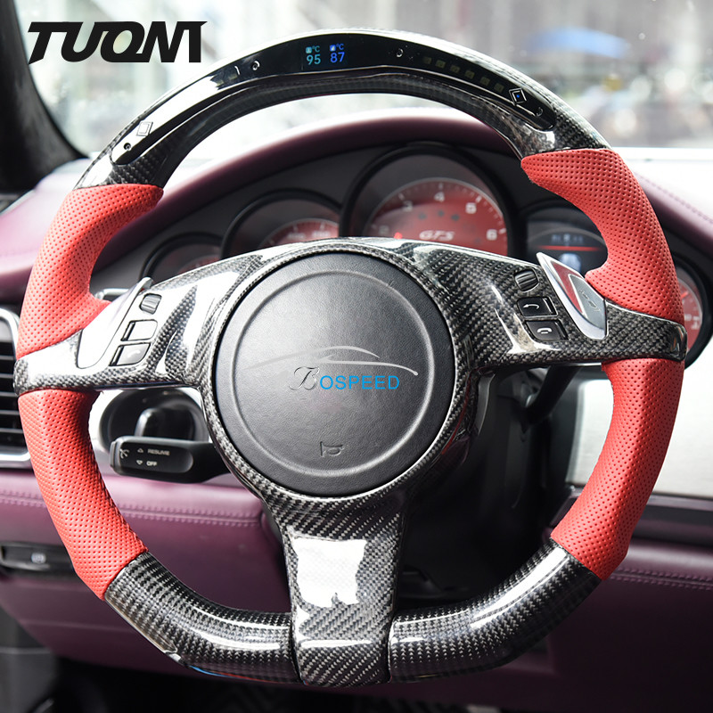 LED Red Leather Porsche Carbon Fiber Steering Wheel Sport Design 350mm