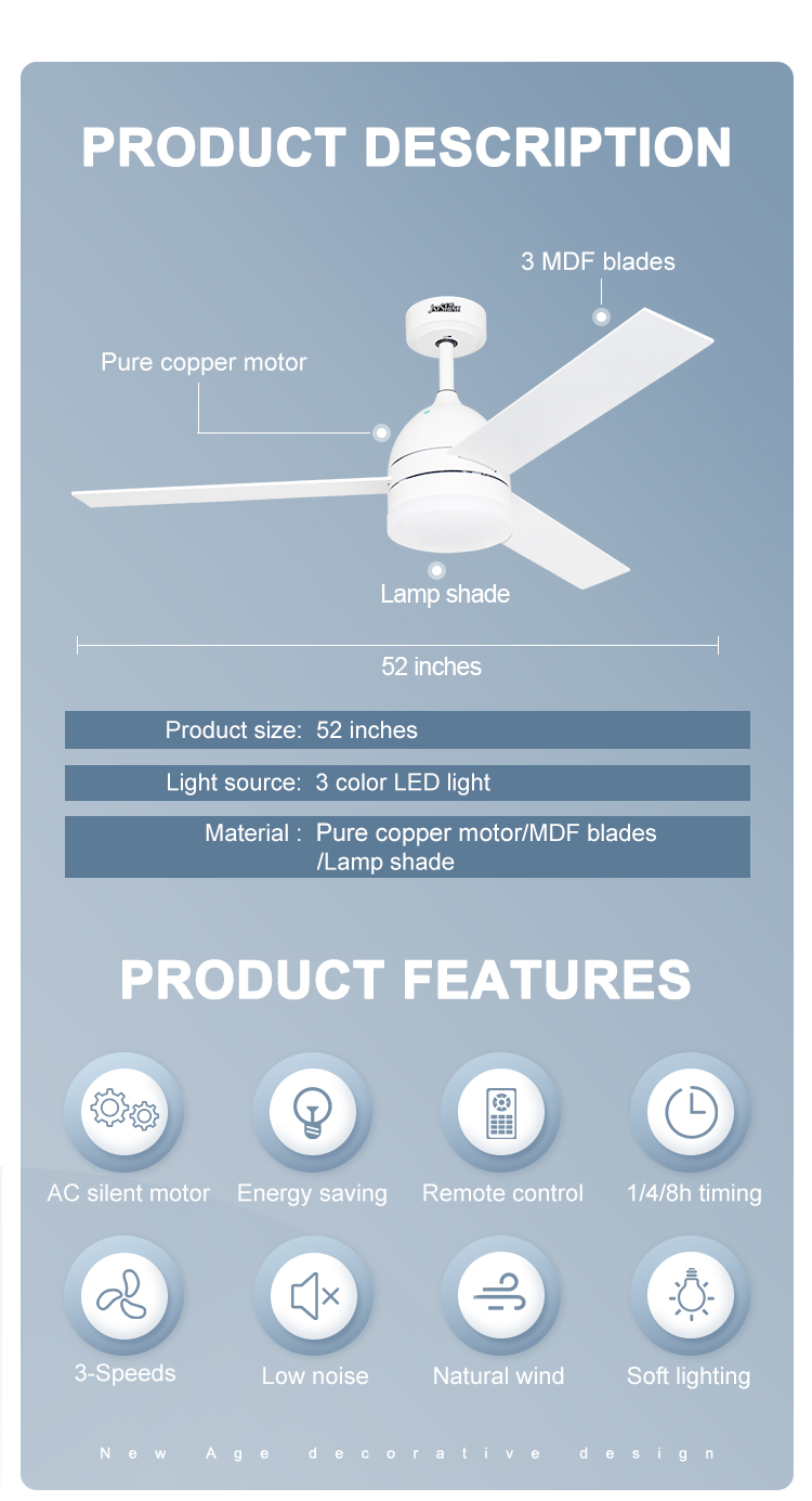 52 Inch Multi Color Ceiling Fan with Remote Control and LED Light Function