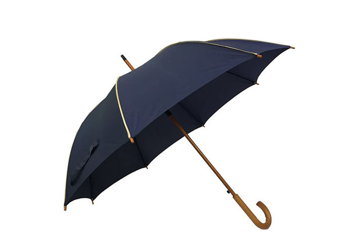 Durable Mens Navy Blue Umbrella Wooden Curved Handle For Rain Shine Weather