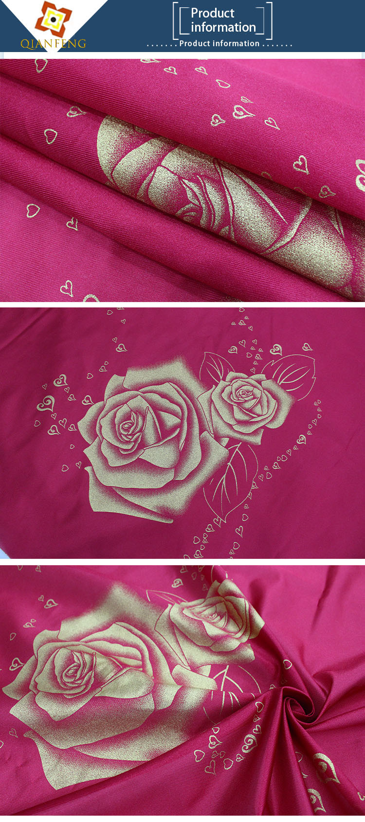 100% polyester warp knitted printed gold powder large rose mattress fabric