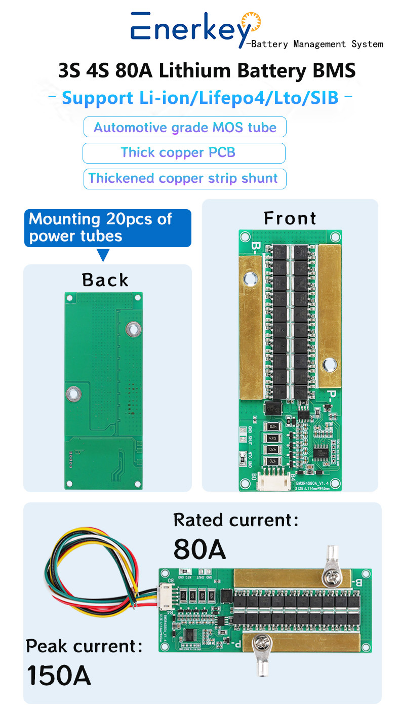Enerkey Normal BMS 3S 12V 80A Lithium Battery PCB With Passive Balance Two NTC MOS For Li-ion/LiFePo4/lto