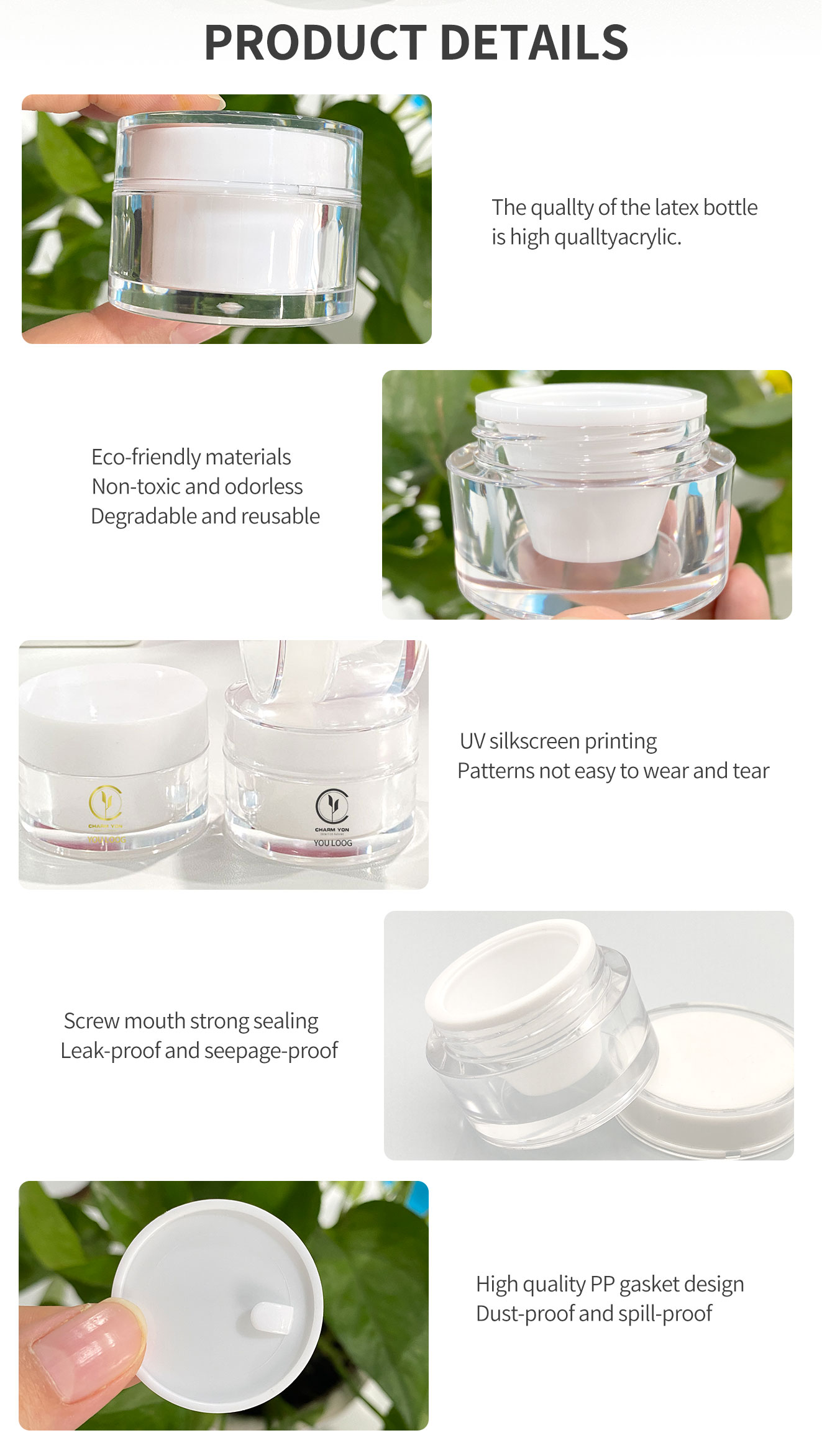 White Transparent Acrylic Jar Round Double Cosmetic Face Cream Jars 50g