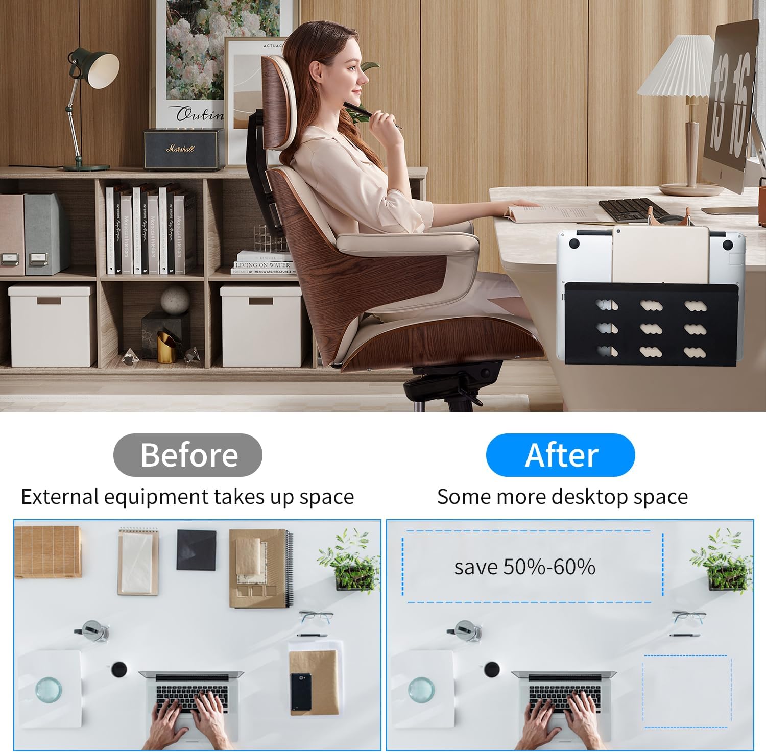 12inch Office Cable Management Holder Mount Under Desk Laptop Holder Keyboard Organizer Side Desk Storage Rack