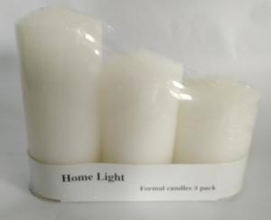 Quality 3pk white pillar candle packed into paper tray,then whole set be shrinked wholesale