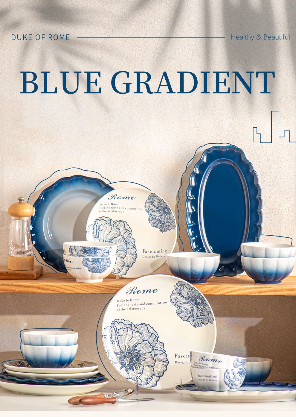 2024 Floral Ceramic Dining Plate Set Tableware Porcelain Blue Stoneware Dinnerware Set