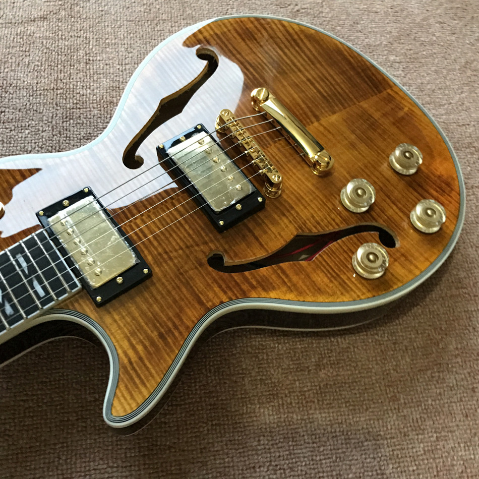 New high quality Custom LP left hand electric guitar, Ebony guitar, Flame Maple Top & Back, Double F hole, free shipping