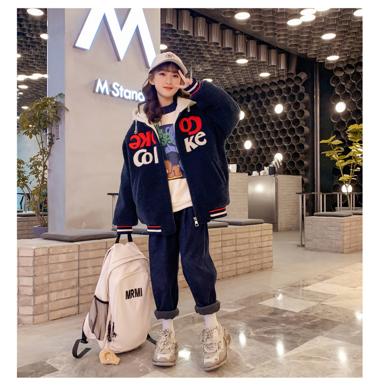 Girls extra thick coat children's clothing hooded embroidered woolen coat lamb cashmere navy blue casual thermal coat
