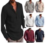 Men'S Long Sleeves V - Neck Casual Beach Linen Shirt