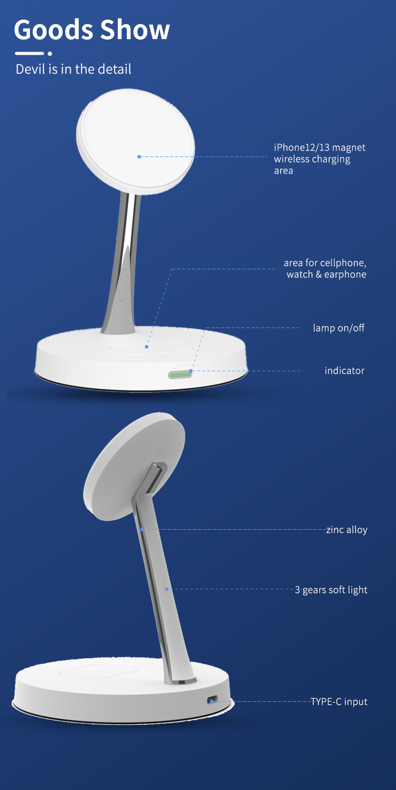 Zinc Alloy 3 In 1 Magnetic Wireless Charger Stand 15W Phone 3W Earphone Charging
