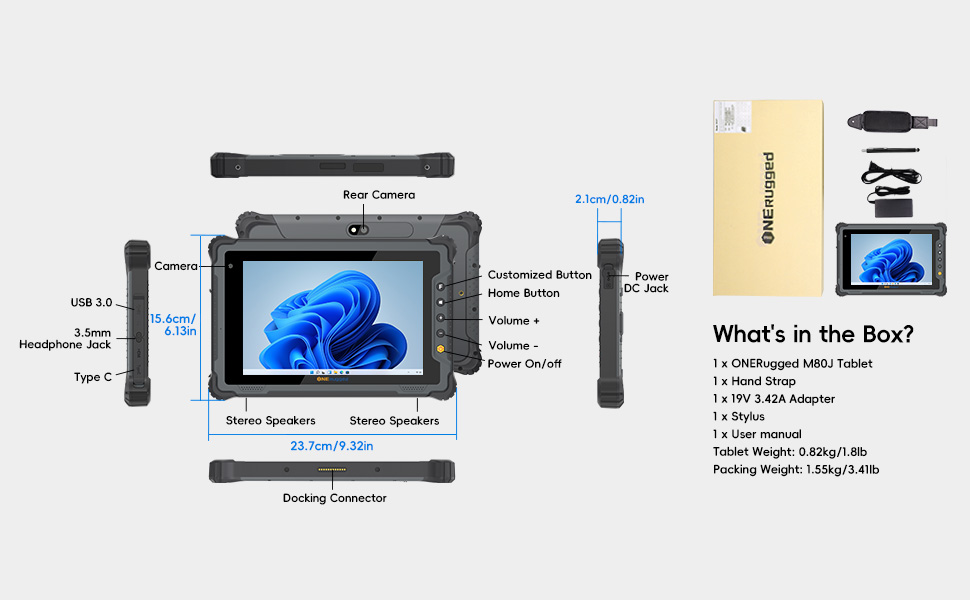 Industrial ONERugged M80J 8 inch Win11 Pro Tablet IP65 Waterproof MIL-STD-810H Certified for Outdoor Work