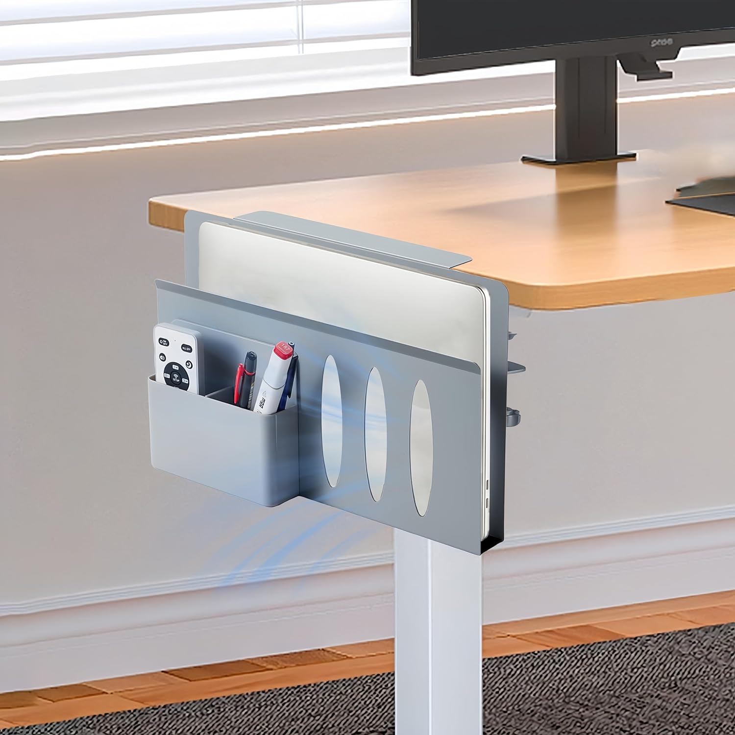Grey Laptop Holder Desk Clamp-on Organizer Metal No Drill Vertical Office Desk Storage