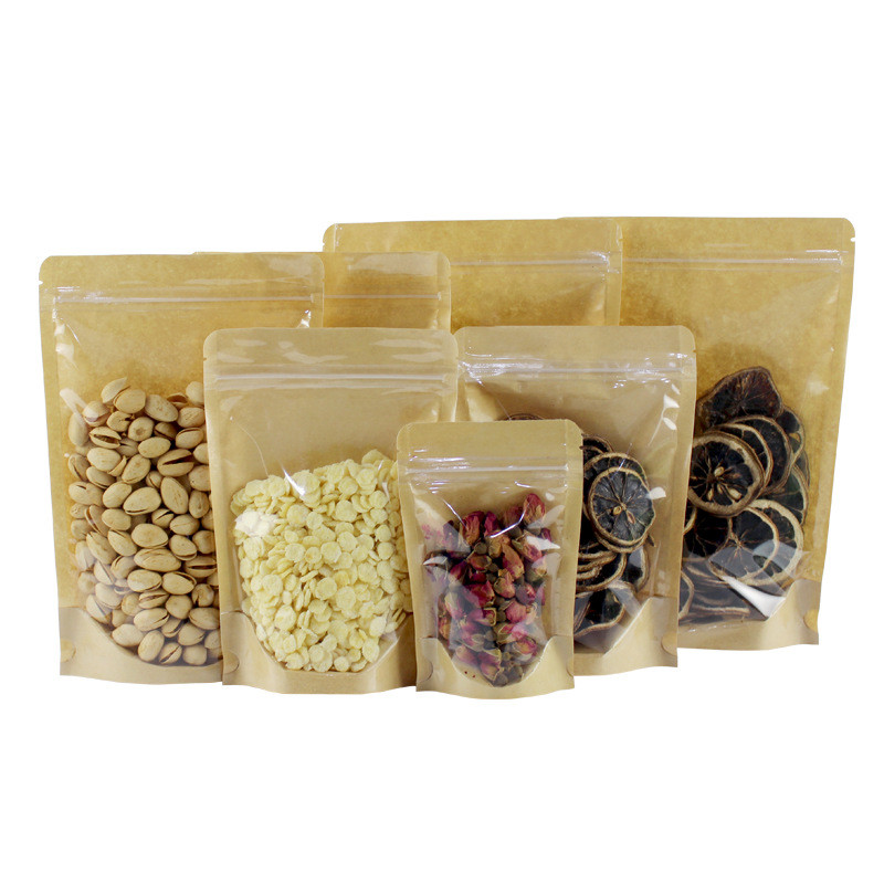 Paper Recyclable Biodegradable Stand Up Pouches Transparent Window Brown With Zipper