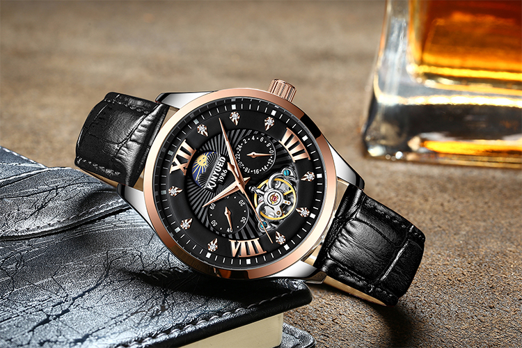 Brand KINYUED Mechanical mens watch luxury luminous moon phase skeleton watch automatic mechanical watch