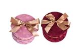Round Glitter Velvet Jewelry Box , Suede Gift Box Stamping Logo With Top Ribbon