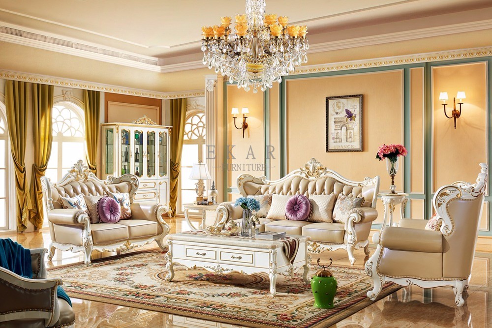 Royal Style Cream Color 6 Seater With Luxury Carving Leather Sofa Set