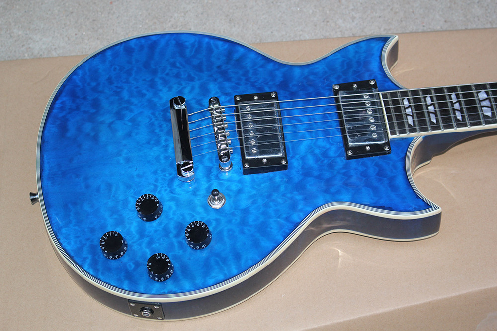 Custom Blue Body Electric Guitar with Flame Maple Veneer,Chrome Hardwares,White Binding body and neck