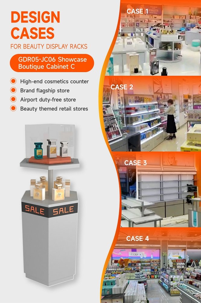 GDR05-JC06 Beauty Display Rack with 40mm Iron Round Tube and 5mm Transparent Glass Cover for Mall Promotion Area