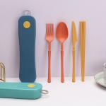 Lightweight Portable Sustainable Blue 4-PC Rotary Box Flatware Set Biodegradable