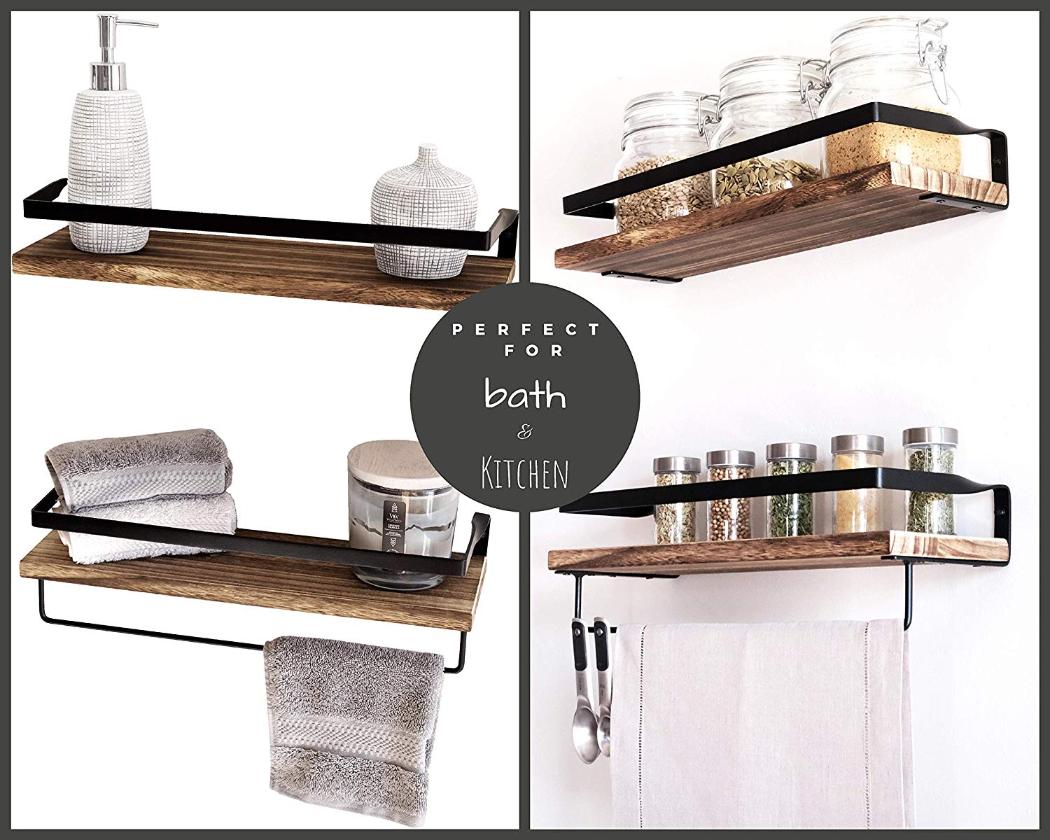 Powder Coated Decorative Storage Towel Rack Floating Shelf Brackets with Rails Set of 2 Torched Wood Rustic Floating Wall Shelves