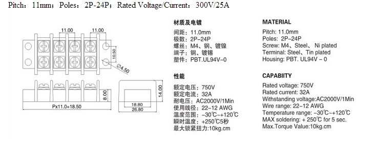 Two Raw 11.0 Pitch 2p-24p Barrier Terminal Block Connector PBT New Material