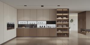 Quality Steel Handleless Lacquer PVC Kitchen Cabinet With Big Island For Restaurant wholesale
