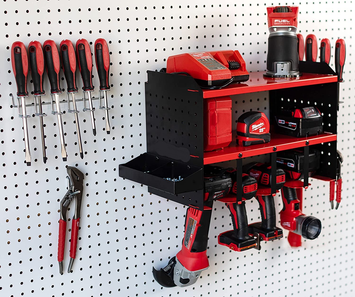 Pegboard Cordless Drill Battery Charging Station Utility Shelf Power Tool Organizer with Magnet Bar Storage Bin