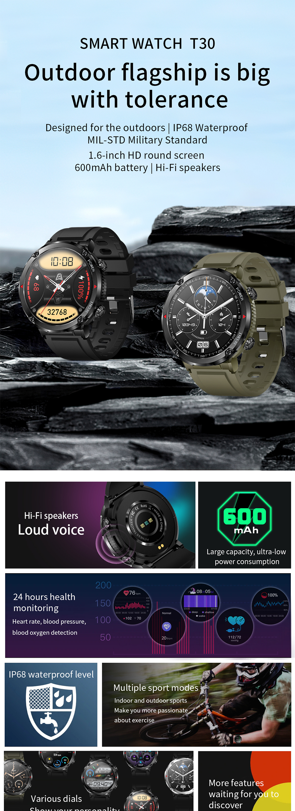 T30 BT Call Smart Watch Sports Men Women 1.6inch Round ScreenReloj Outdoor