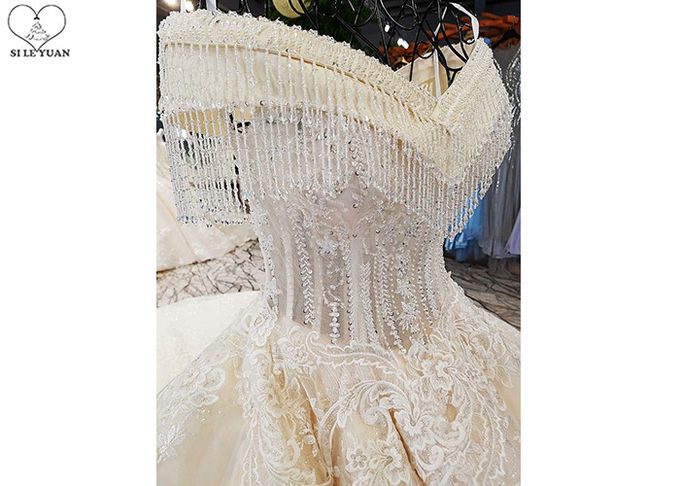 Champagne Off Shoulder Wedding Gown , Big Ball Gown Dresses Beaded Tassels