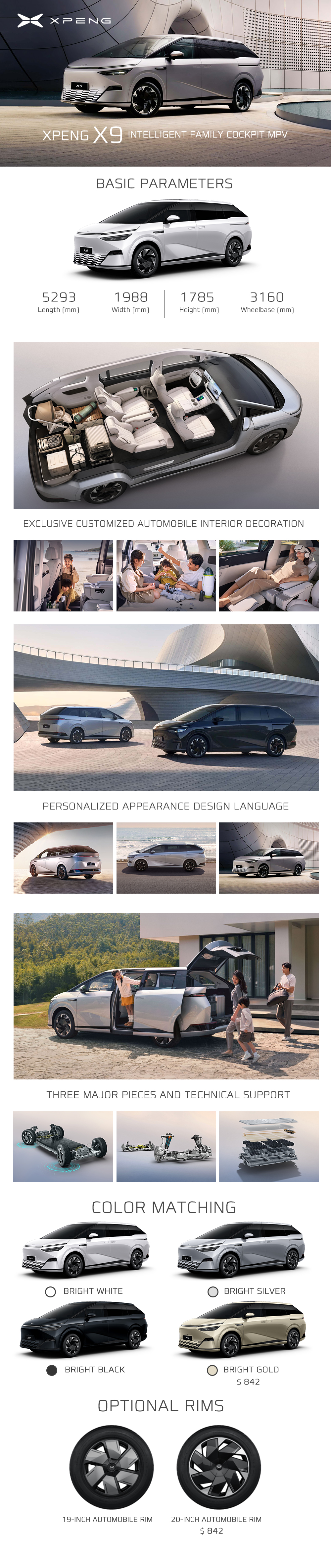 2024 Xpeng X9 MPV Pure Electric 320Ps 702 AWD 640km Pro Max 5293*1988*1785 Length * width * height and X9 Energy Vehicle
