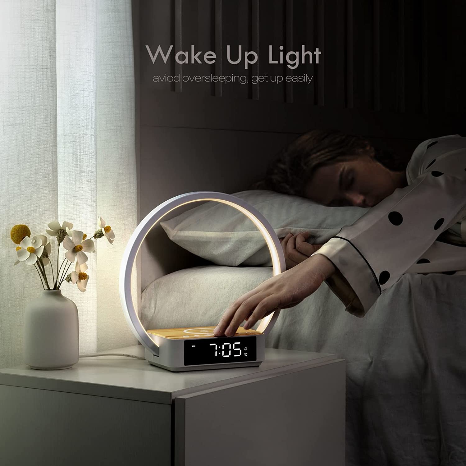 Touch Table Lamp with Wireless Charger, Nightstand Lamp with Clock, Wake-Up Light 3 Levels Brightness LED Night Light