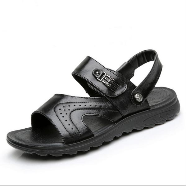 Flat Handmade Leather Sandals Mens Leisure Black Beach Sandals With Leather