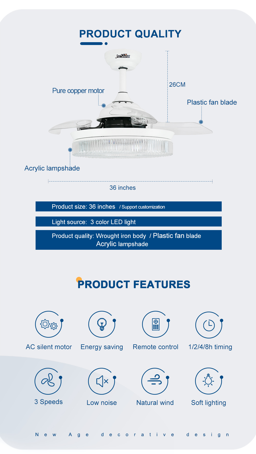 Retractable LED Ceiling Fan with Remote Control and 3000K/4500K/6000K Color Temperature