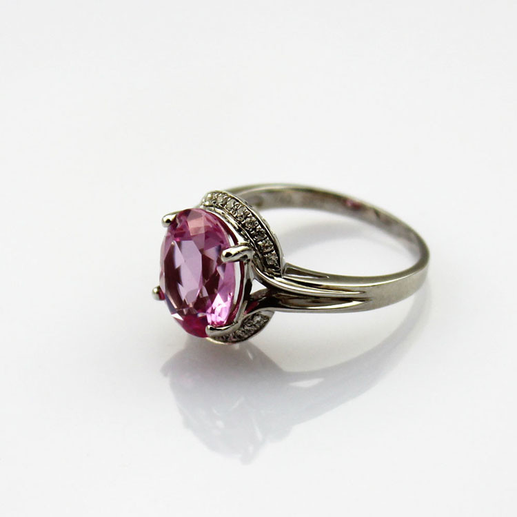 White Gold Plated 925 Silver Ring with 9mmx11mm Pink Cubic Zircon (R161)