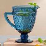 Blue Lead Free Pressed Glass Pitcher 1100ml 20cm Height Water Carafe With Spout