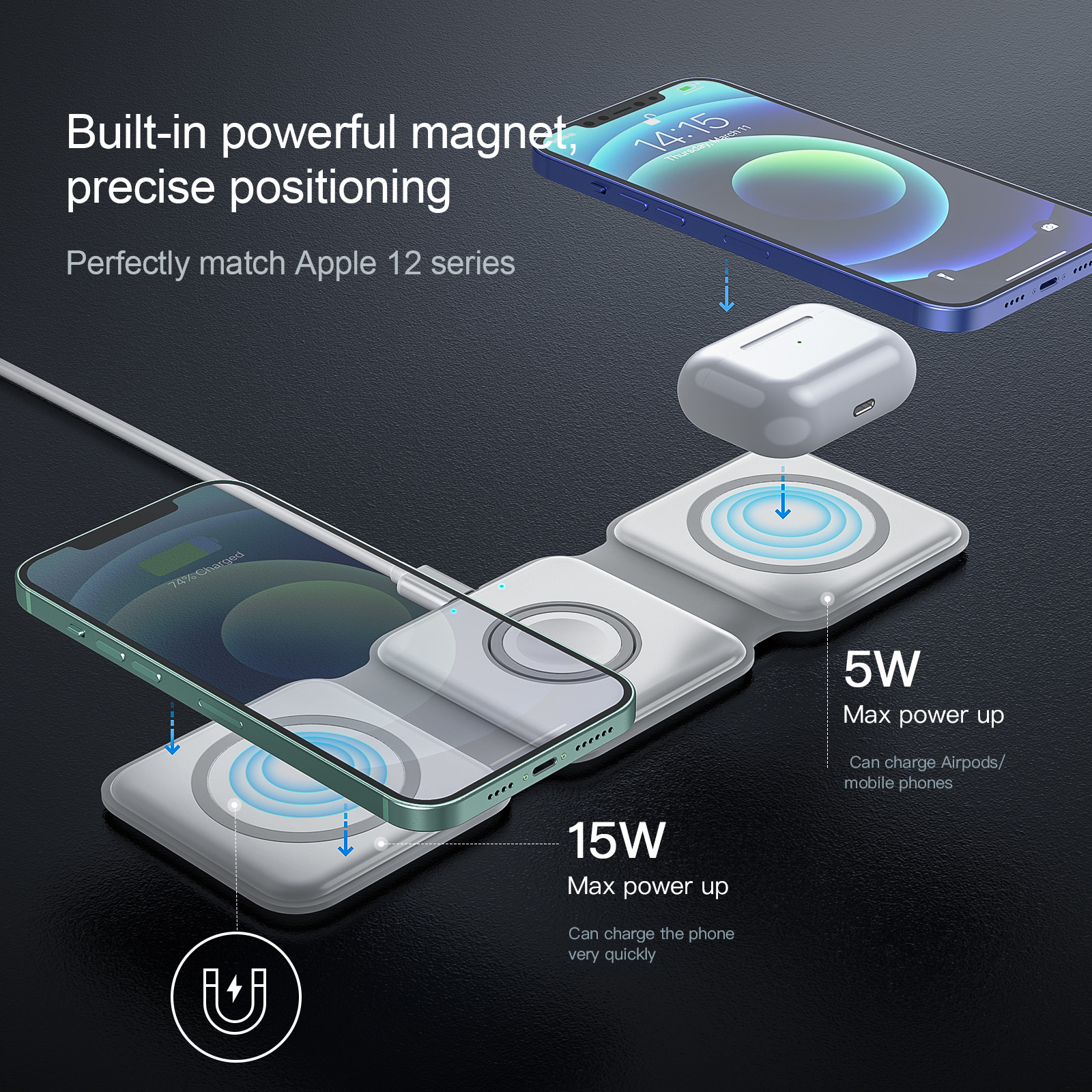 15W Fast Charging Portable Wireless Charger For Watches QC3.0 Charging Black/White